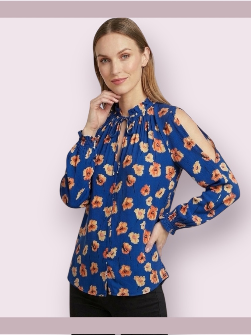 Lucky Brand Blue And Pink Floral Ruffe Neck Blouse